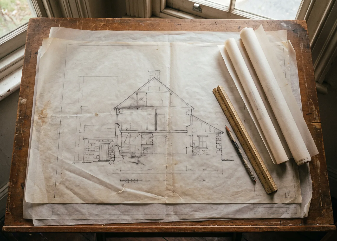 A measured survey drawing on a drawing board